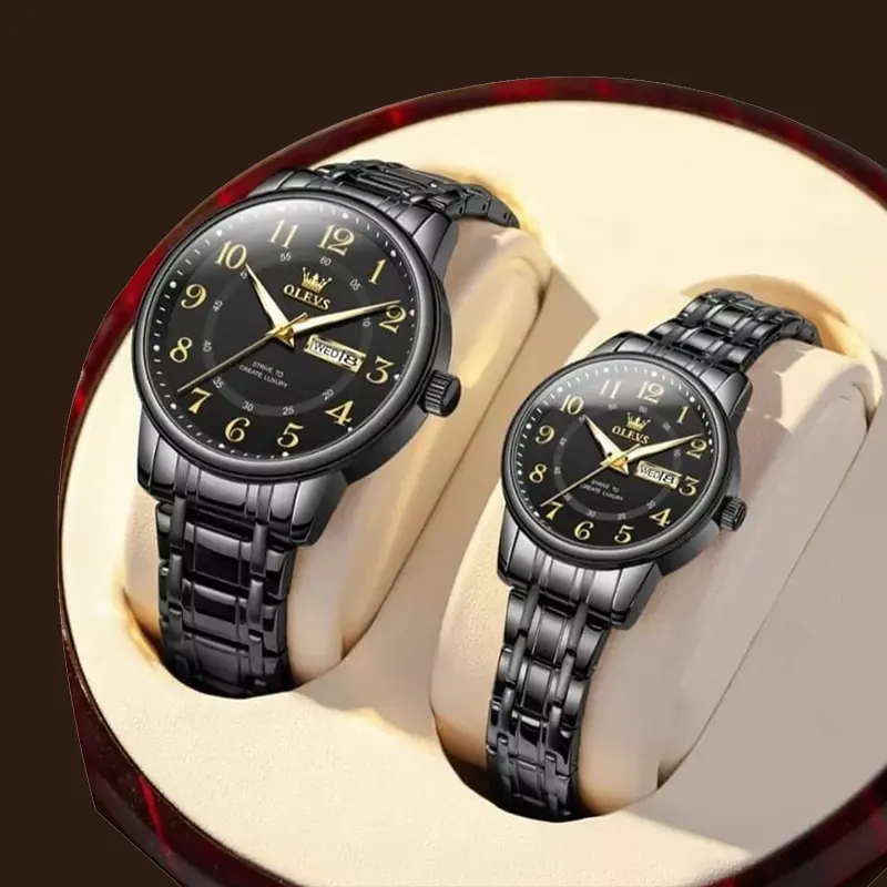 Olevs Black Dial Black Fashion Couple Watch- 2891